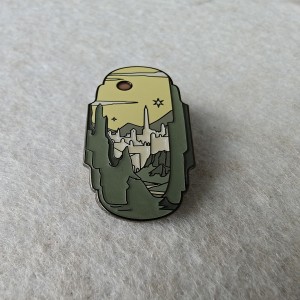 picturesque scene with a castle – like structure nestled among rocky cartoon pins