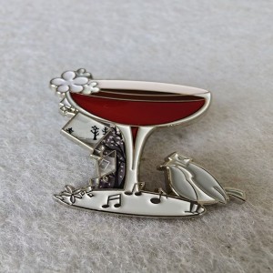 Red wine glass with bird and music note transparent paint soft enamel pins