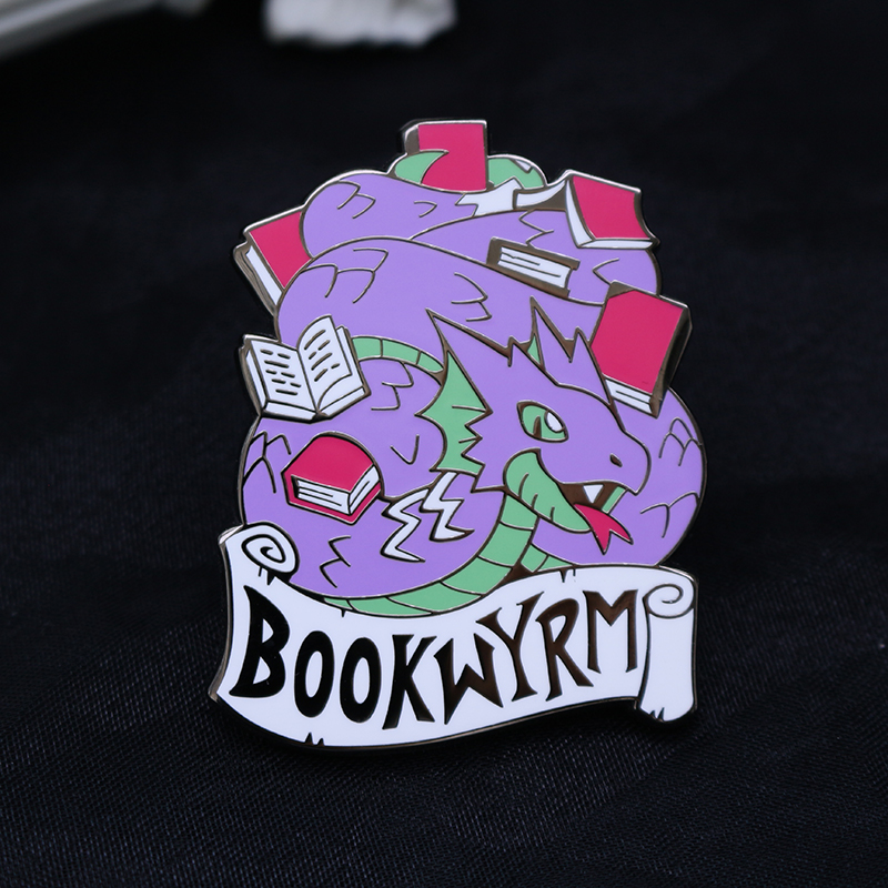 custom sliver plated bookwyrm hard enamel pin