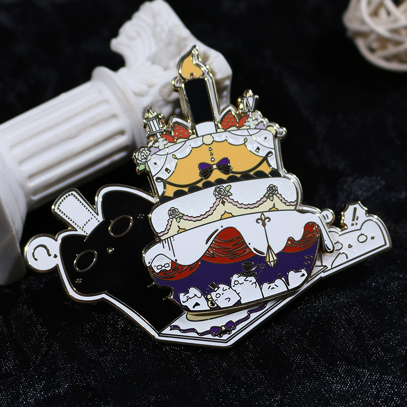 custom magnetic animal black cat birthday cake pearl glitter hard enamel pin