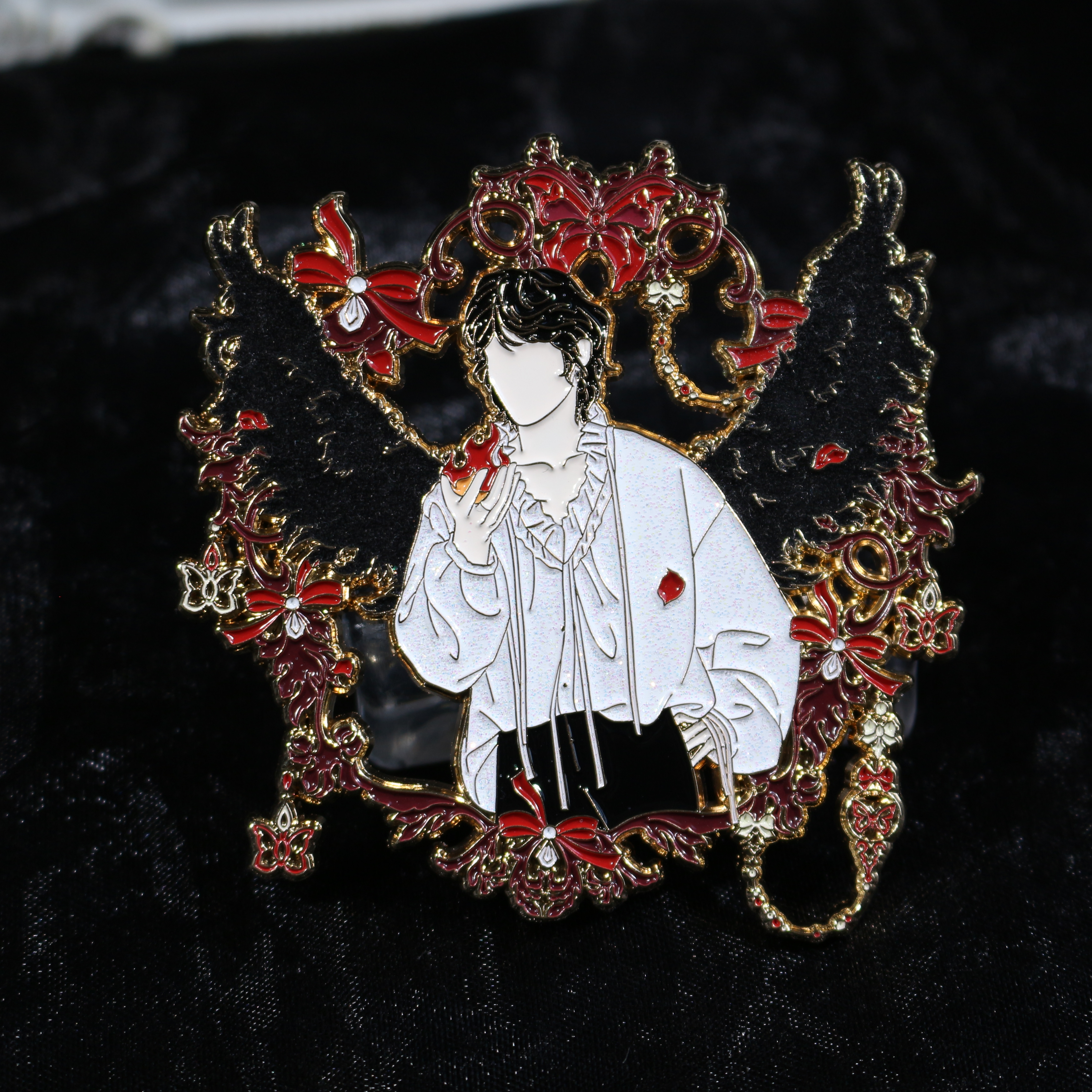 custom gold plated glitter black velvet wings idol soft enamel pin