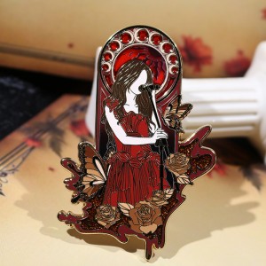 custom stained glass uv printing  red and yellow glitter hard enamel pin