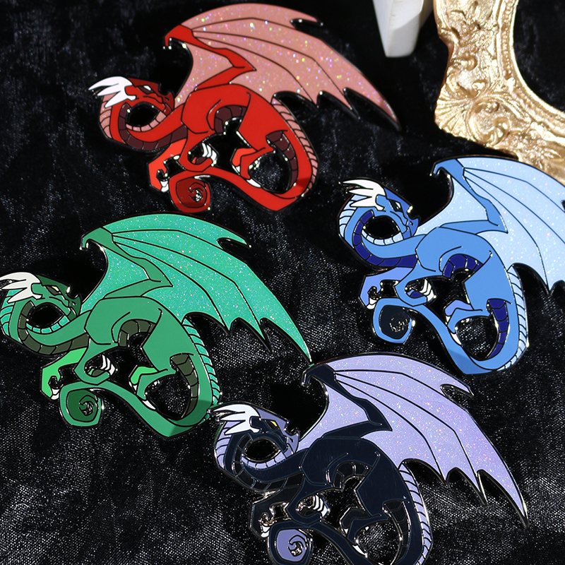 custom black nickel dragon glitter hard enamel pins